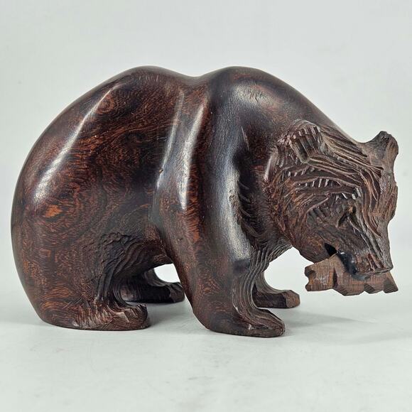 Vintage Hand Carved Ironwood Grizzly Bear with fish figurine - Picture 1 of 5